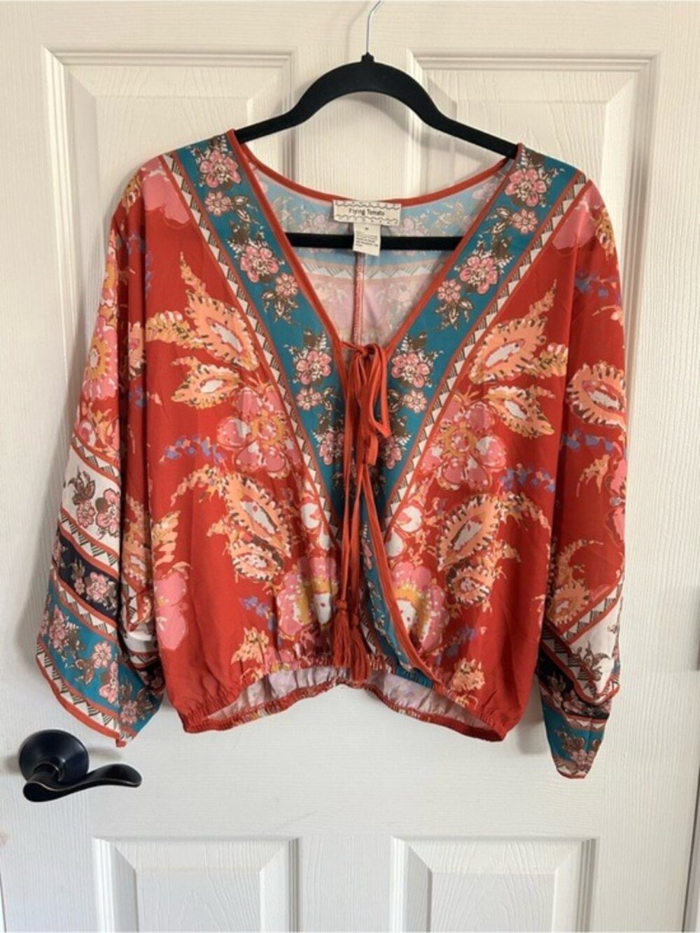 Flying Tomato Rust Floral Tie-Front Peasant Boho Blouse NWT Festival - Picture 2 of 16